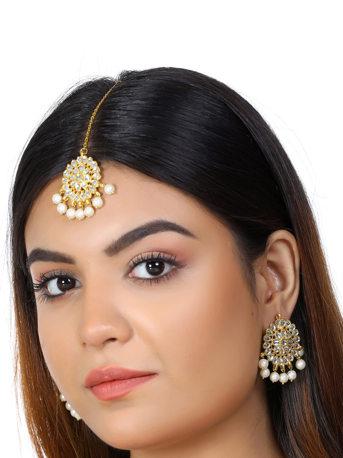 Gold Plated White Beads Kundan Dangler Earrings with Maangtikka for Women