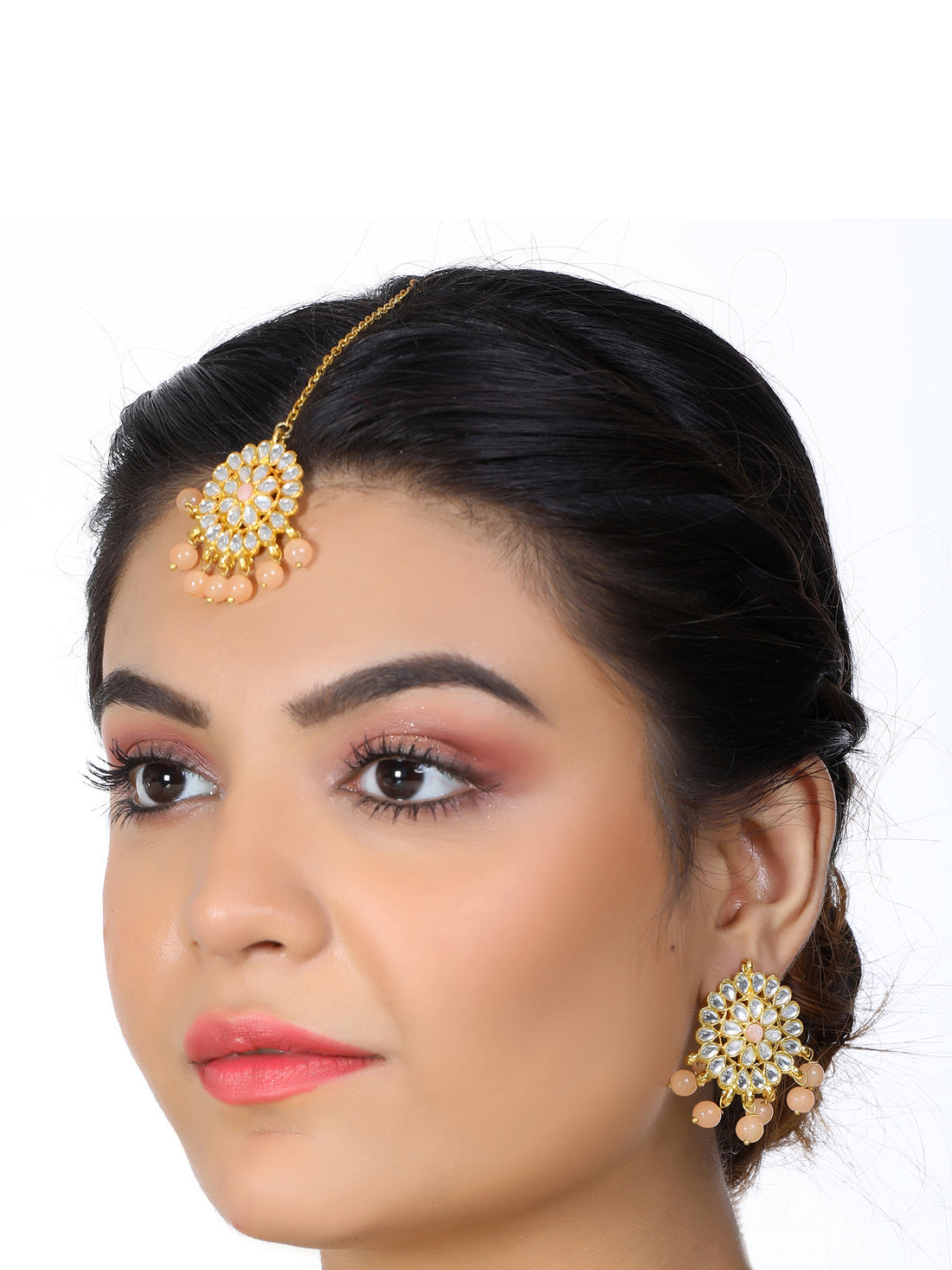 Gold Plated Peach Beads Kundan Dangler Earrings with Maangtikka for Women