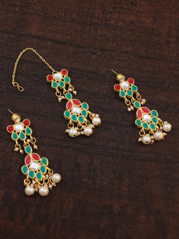 Gold Plated Pearl Beads Red and Green Kundan Dangler Earrings with Earrings for Women