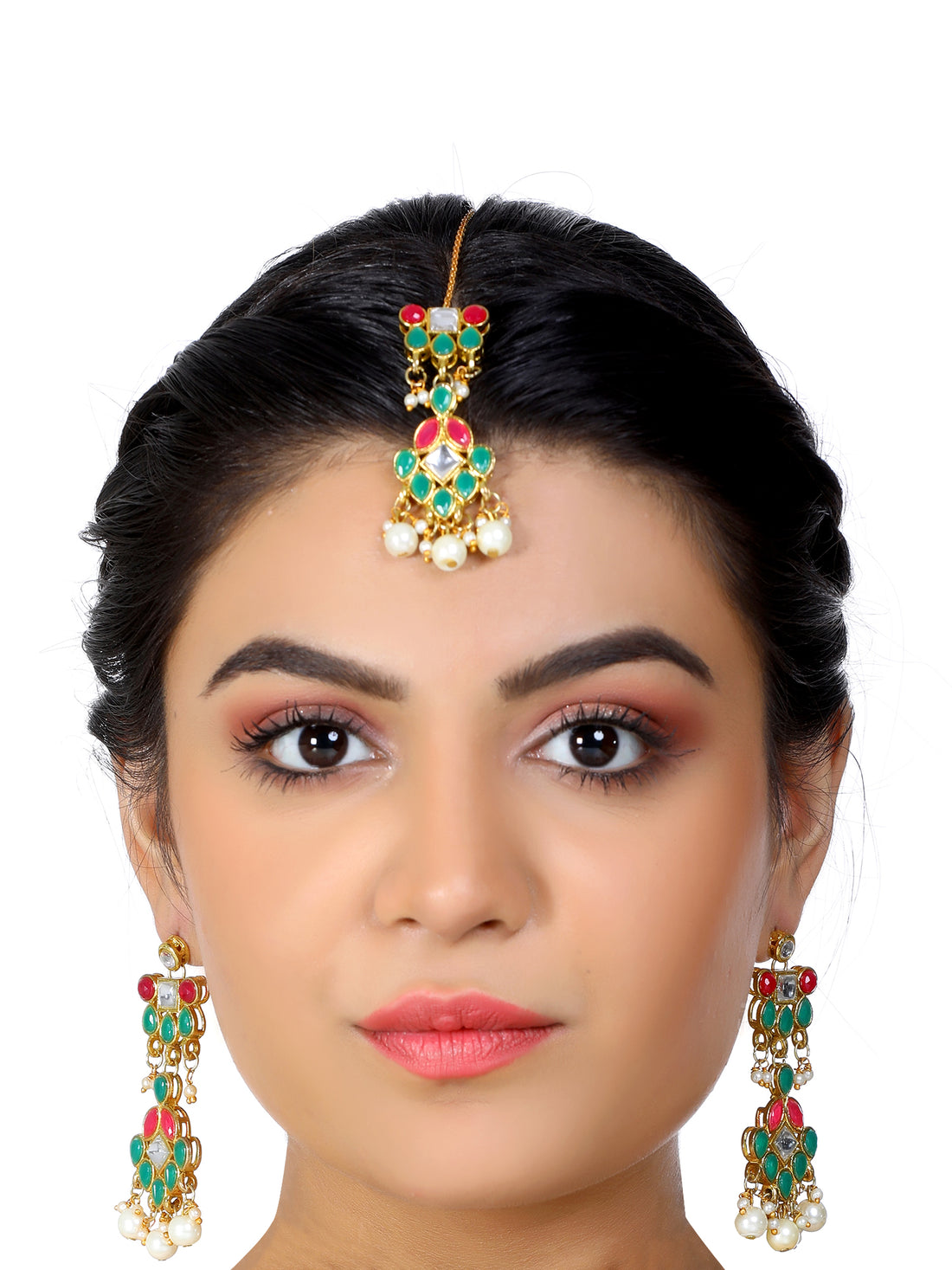 Gold Plated Pearl Beads Red and Green Kundan Dangler Earrings with Earrings for Women