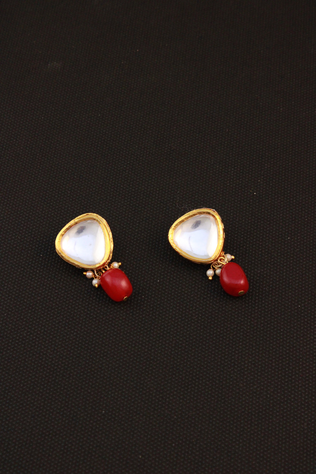 Traditional Gold Plated Polki Kundan Dangler Earrings with Red Beads