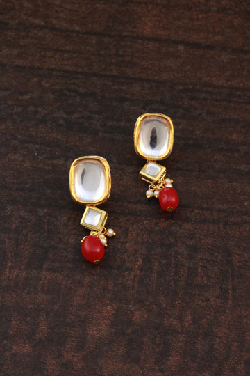 Traditional Gold Plated Polki Kundan Dangler Earrings with Red Beads