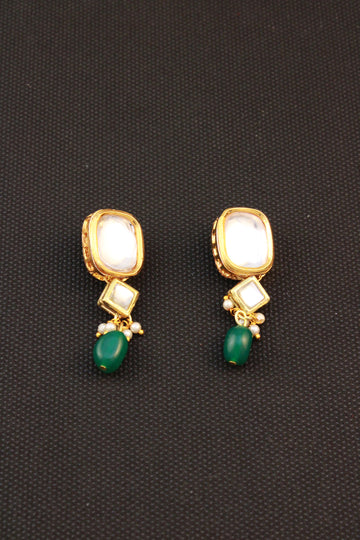 Traditional Gold Plated Polki Kundan Dangler Earrings with Green Beads