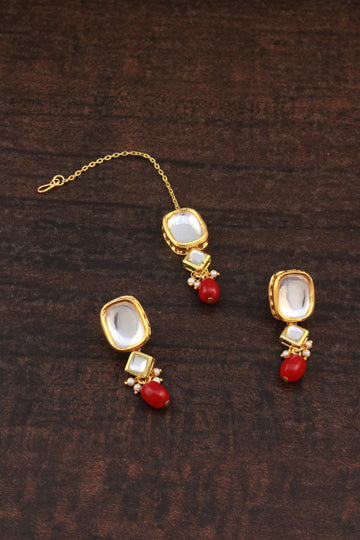 Traditional Gold Plated Red Beads Polki Kundan Dangler Earrings with Maangtikka