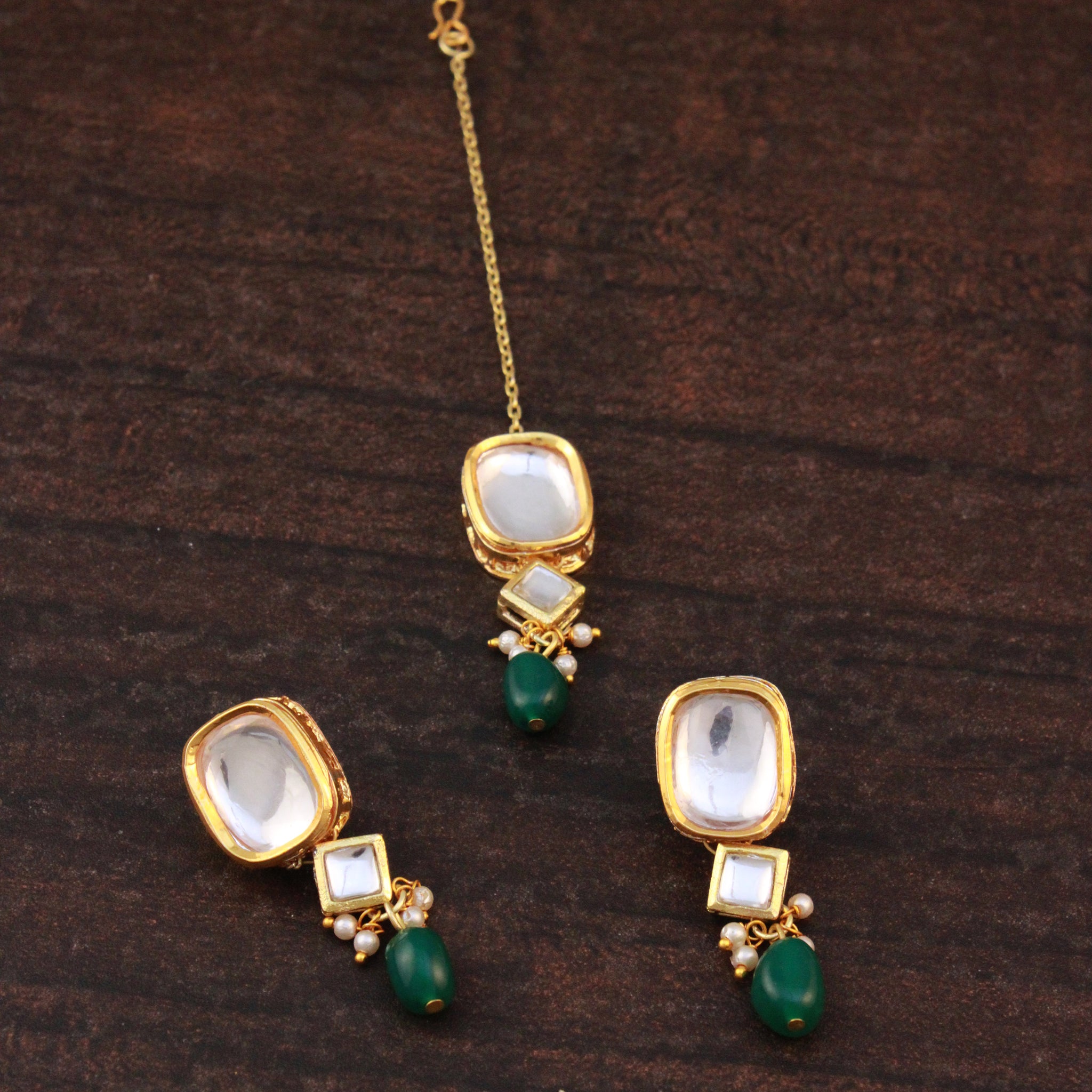 Traditional Gold Plated Green Beads Polki Kundan Dangler Earrings with Maangtikka