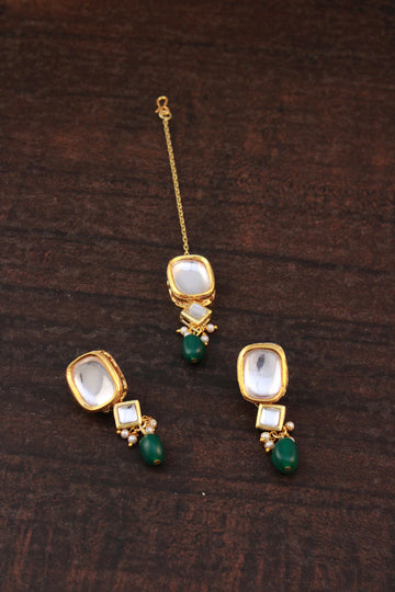 Traditional Gold Plated Green Beads Polki Kundan Dangler Earrings with Maangtikka