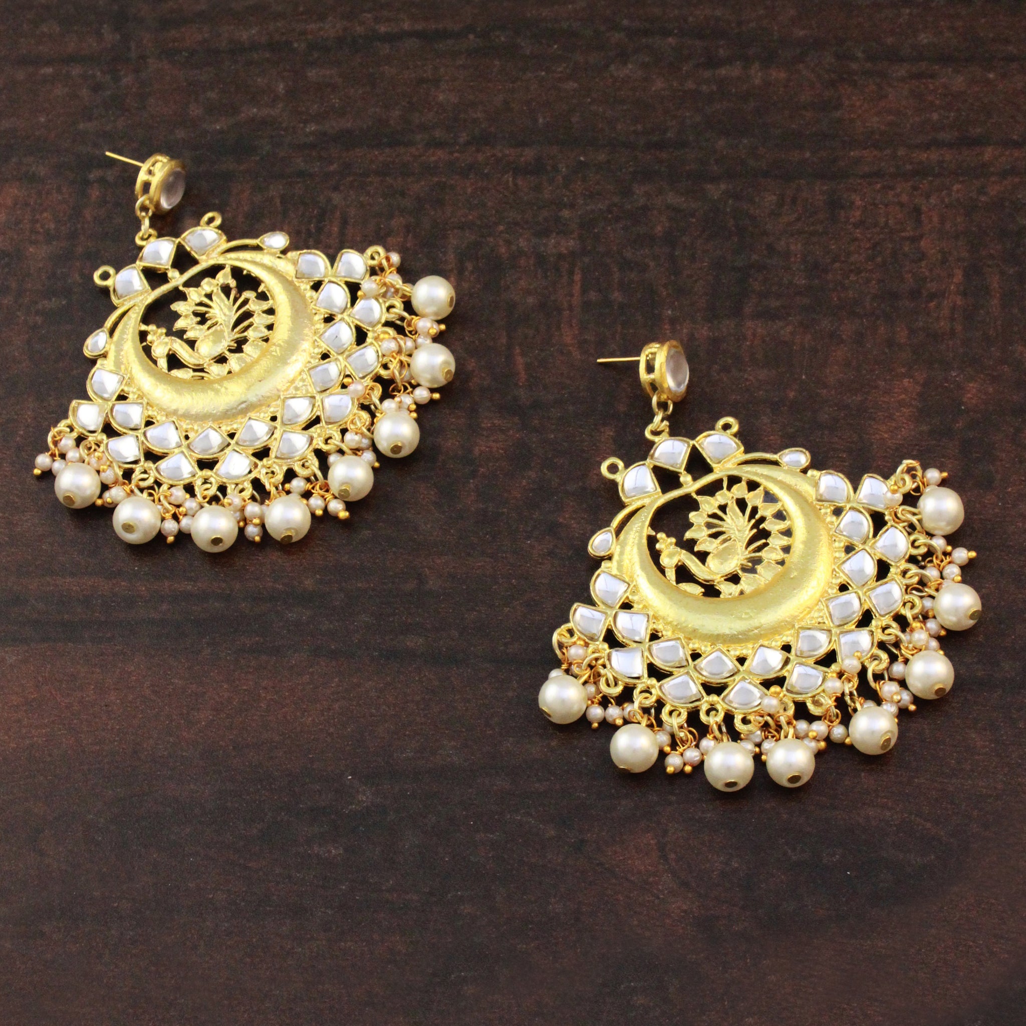 Traditional Gold Plated Peacock Design Kundan Chandbali Earrings