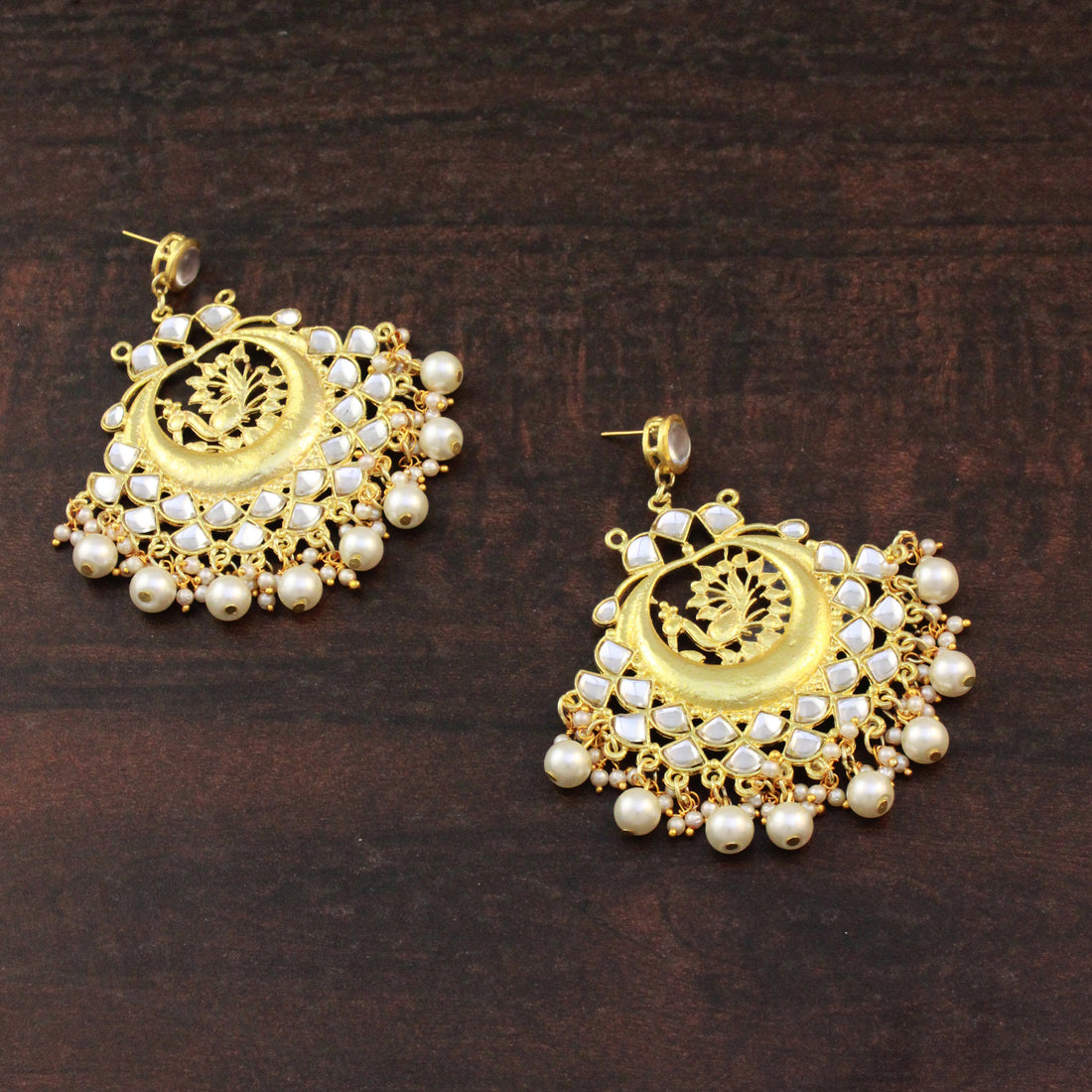 Traditional Gold Plated Peacock Design Kundan Chandbali Earrings with Maangtikka