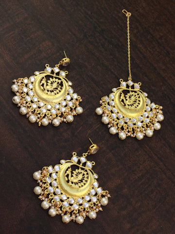 Traditional Gold Plated Peacock Design Kundan Chandbali Earrings with Maangtikka