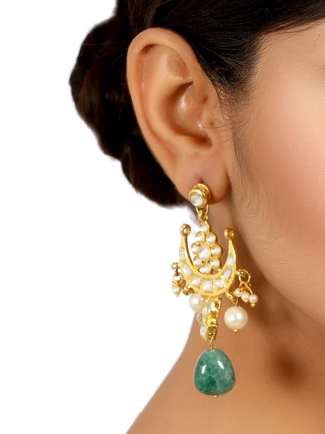 Gold Plated Green Bead Kundan Dangler Earrings