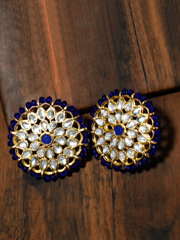 Gold Plated Blue Beads Kundan Stud Earrings