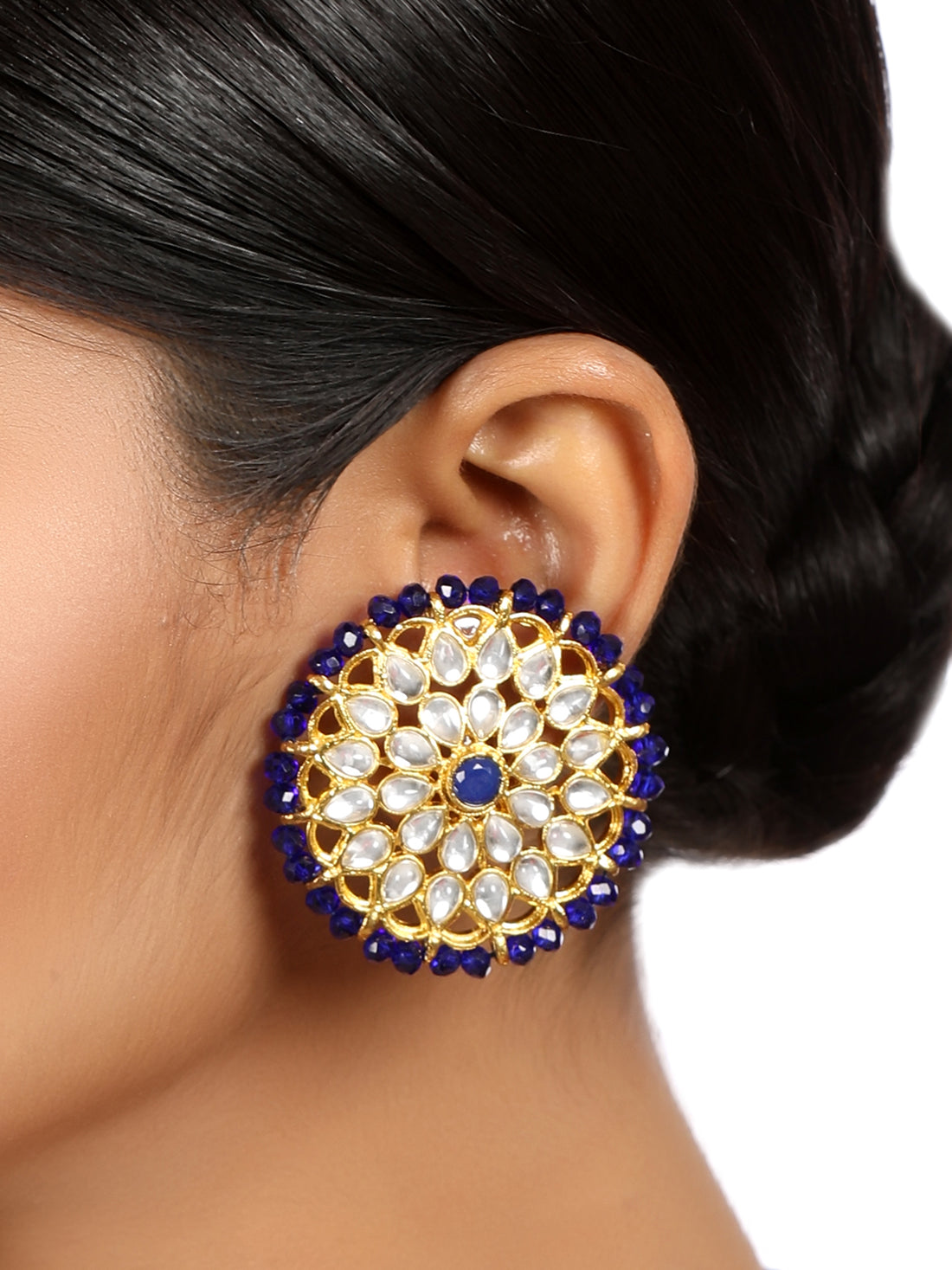 Gold Plated Blue Beads Kundan Stud Earrings