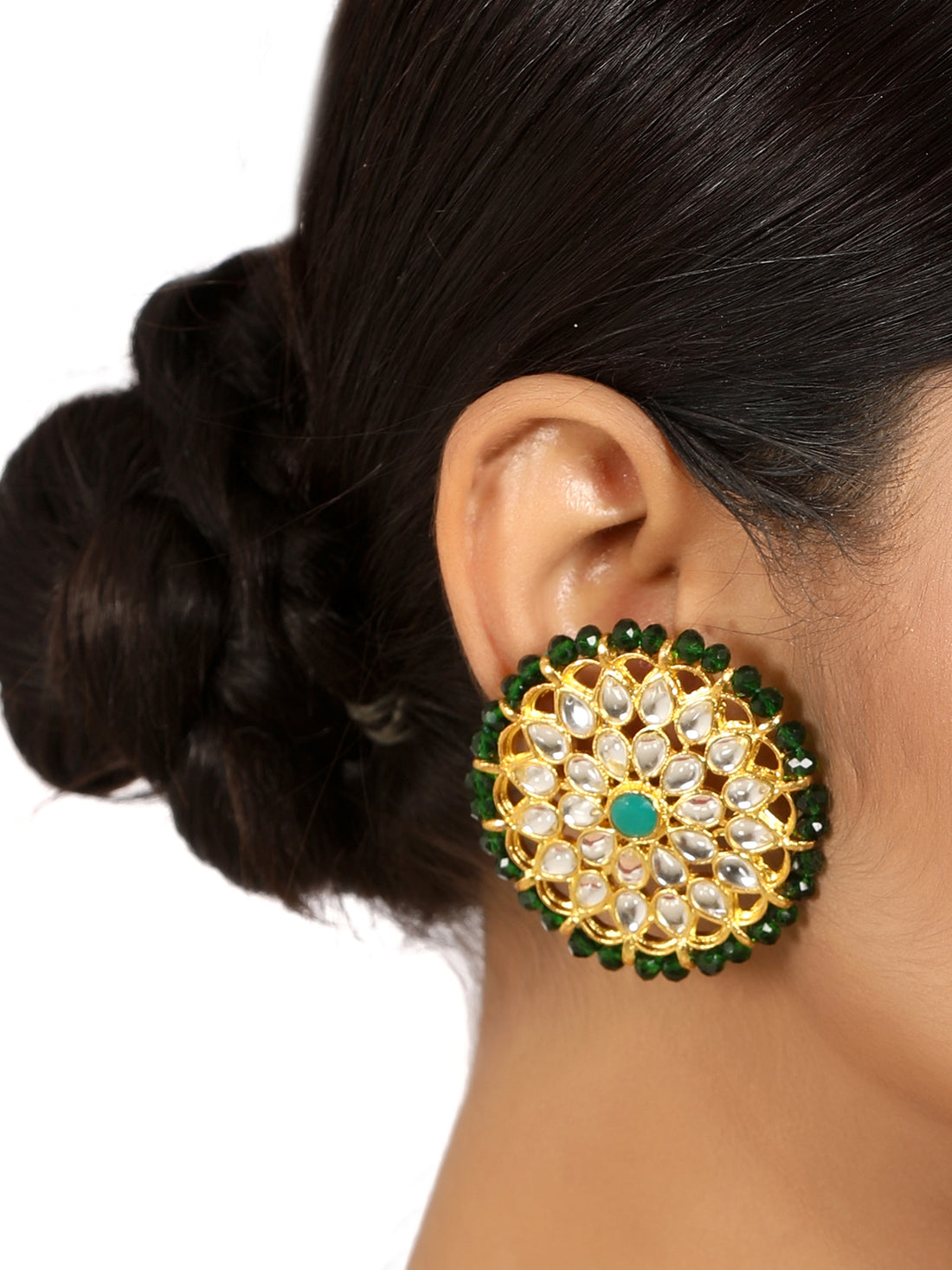 Gold Plated Green Beads Kundan Stud Earrings