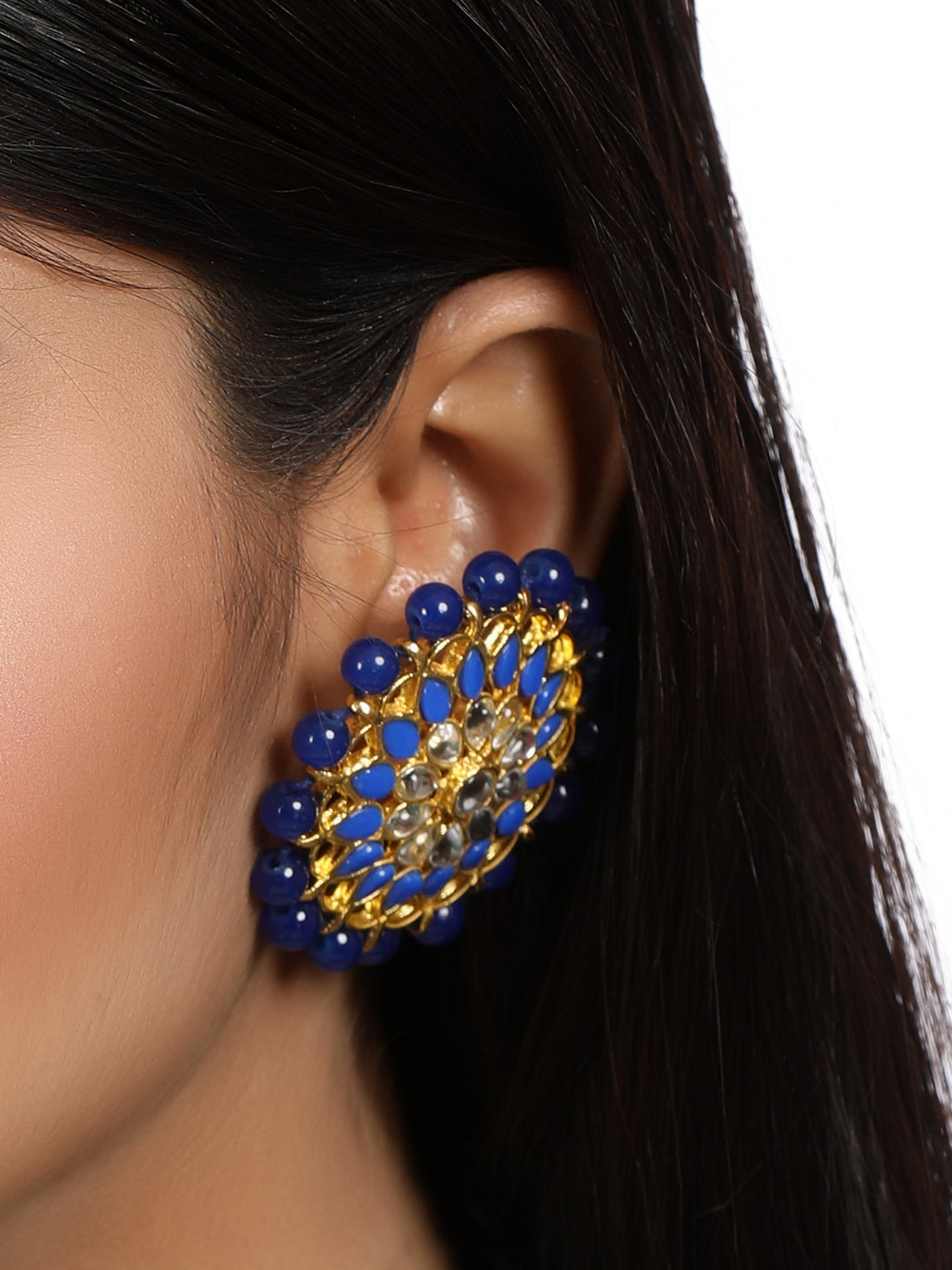 Gold Plated Blue Beads Kundan Stud Earrings