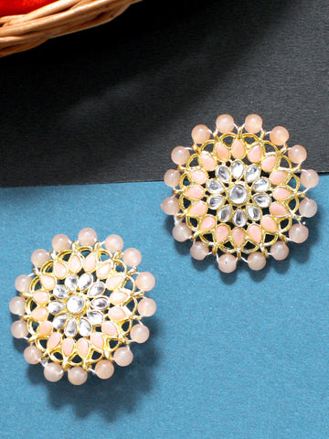 Gold Plated Peach Beads Kundan Stud Earrings