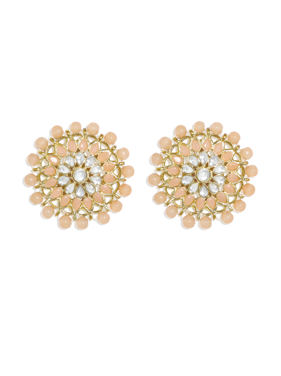 Gold Plated Peach Beads Kundan Stud Earrings