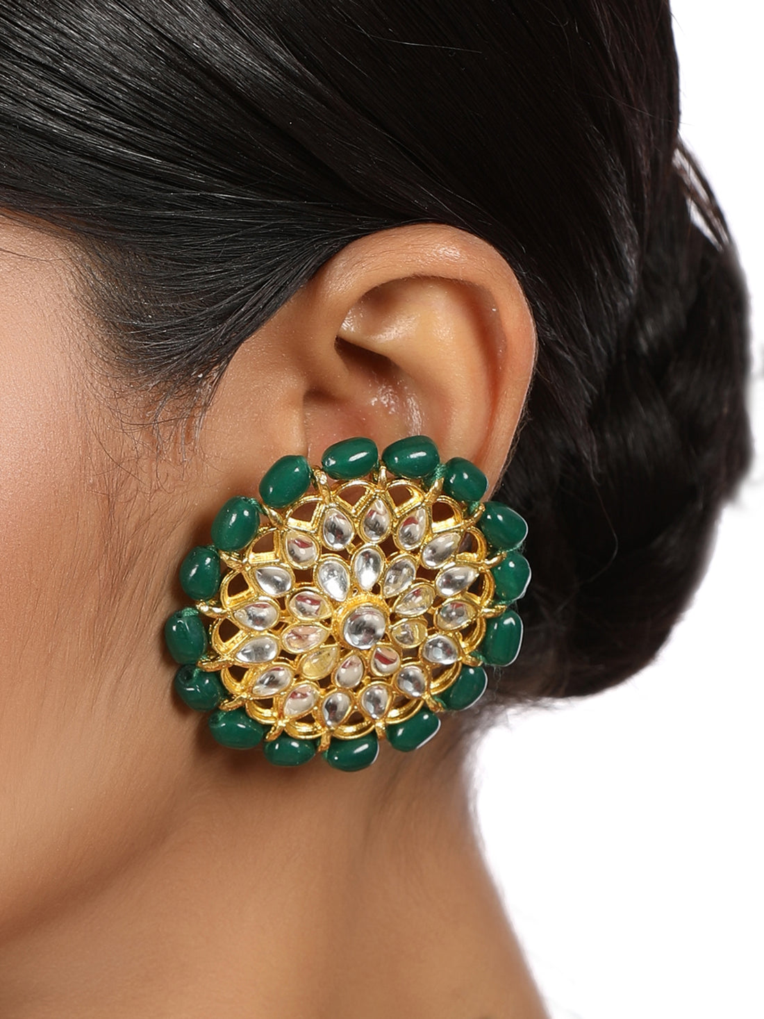 Gold Plated Green Beads Kundan Stud Earrings