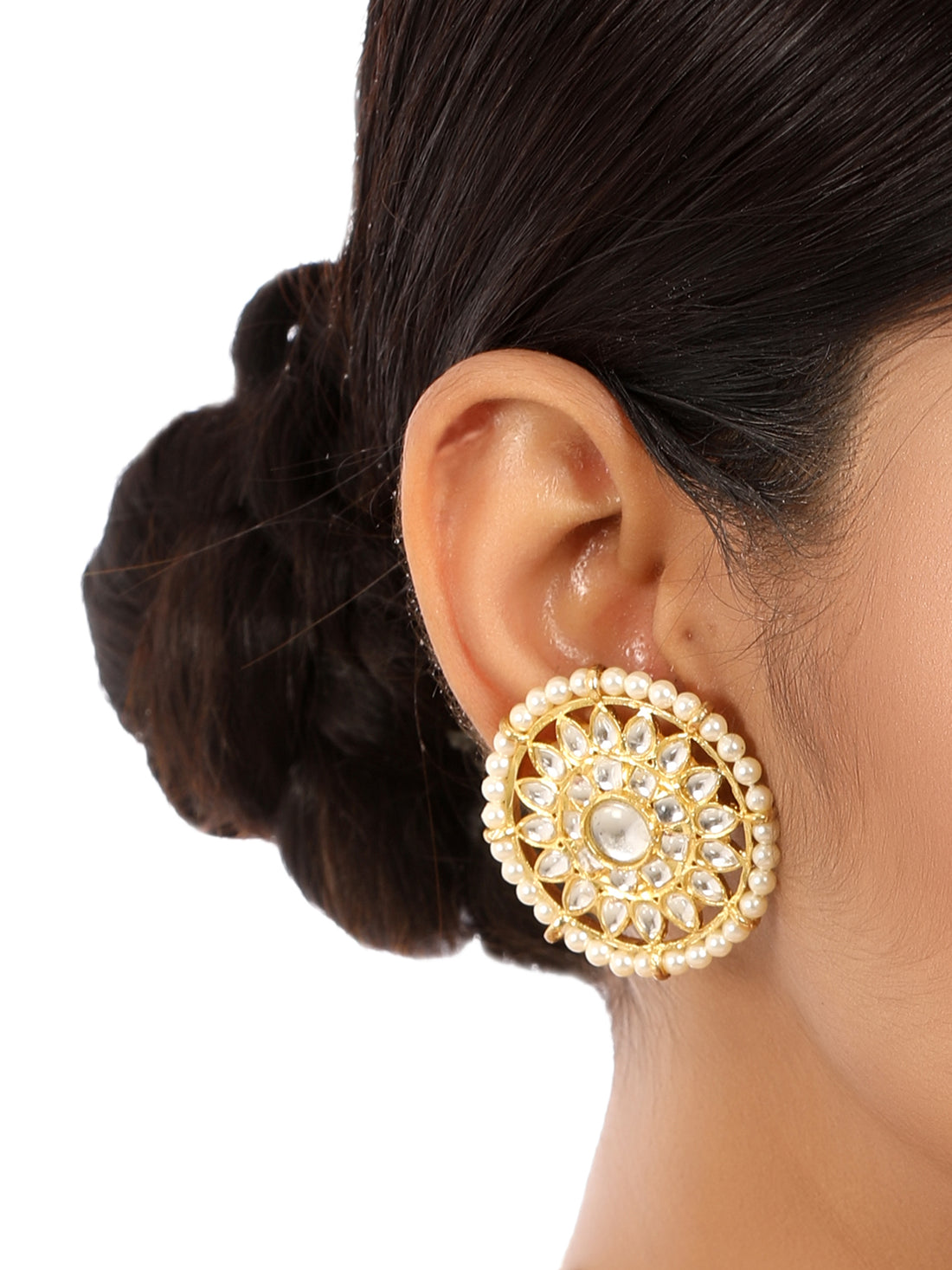 Gold Plated Pearl Beads Kundan Stud Earrings