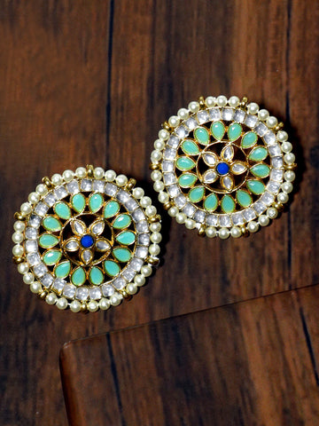 Gold Plated Pearl Beads Lime Green Kundan Stud Earrings