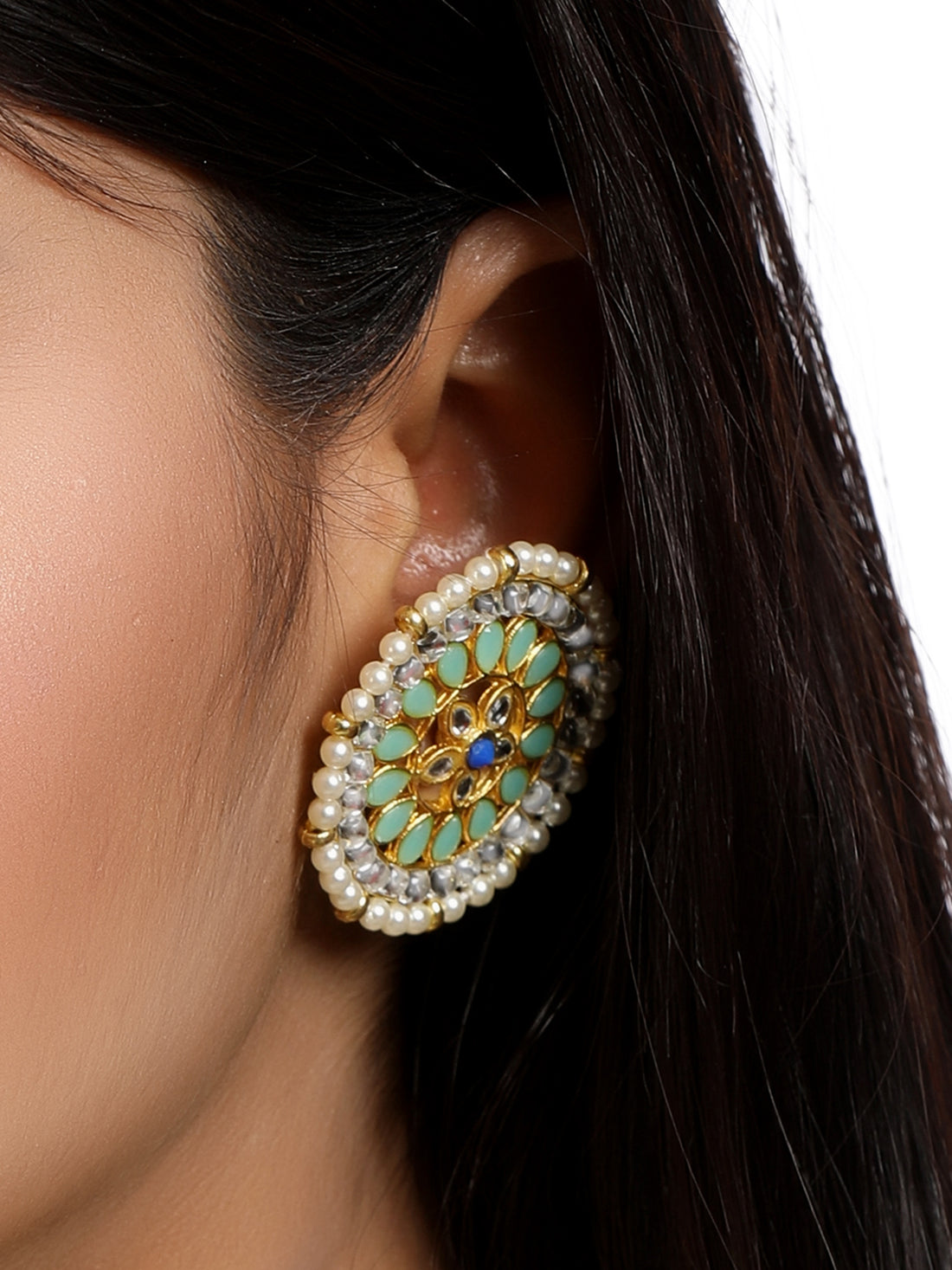 Gold Plated Pearl Beads Lime Green Kundan Stud Earrings