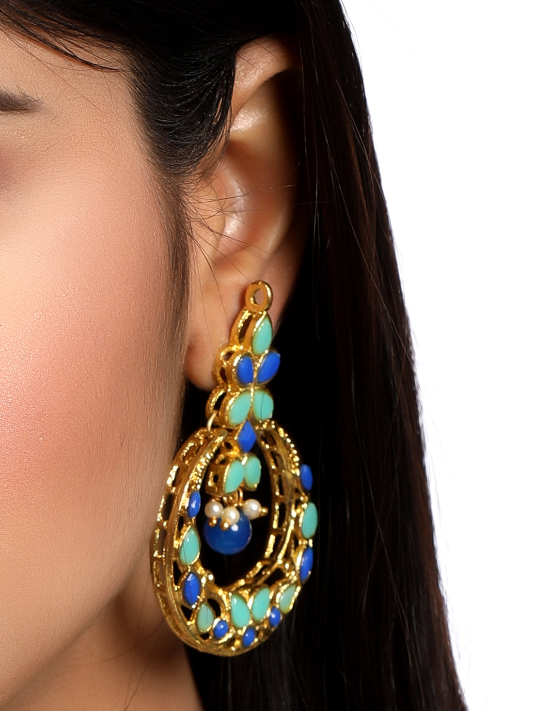 Gold Plated Blue and Mint Green Kundan Chnadbali Earrings