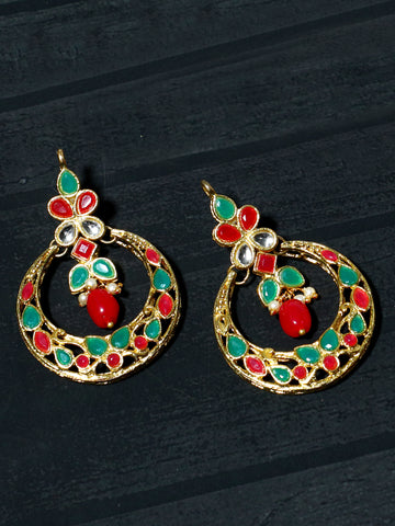 Gold Plated Red and Green Kundan Chnadbali Earrings