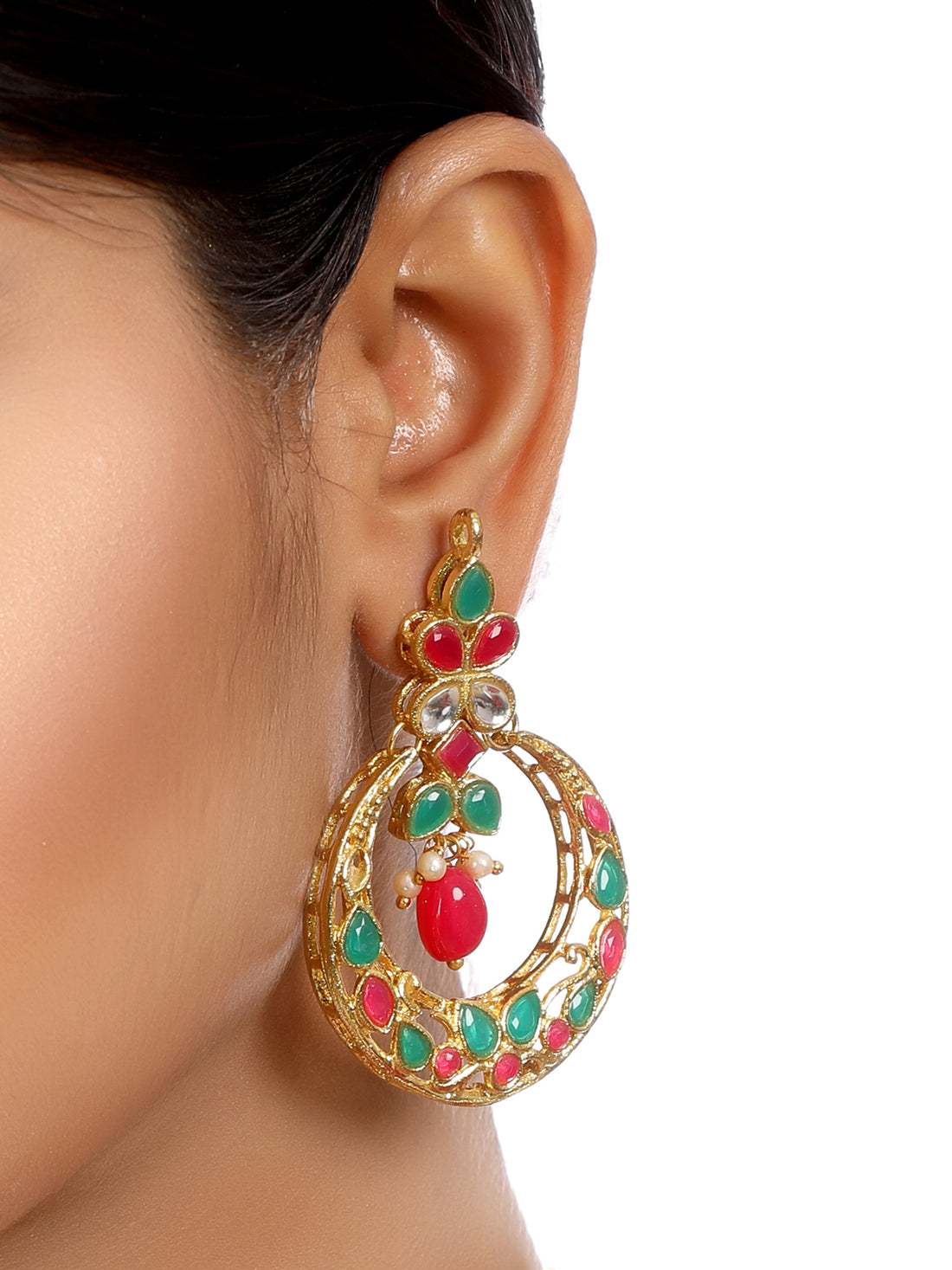 Gold Plated Red and Green Kundan Chnadbali Earrings