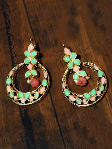 Gold Plated Peach and Mint Green Kundan Chnadbali Earrings