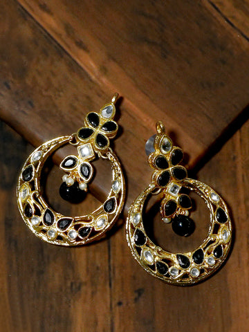 Gold Plated Black Kundan Chnadbali Earrings