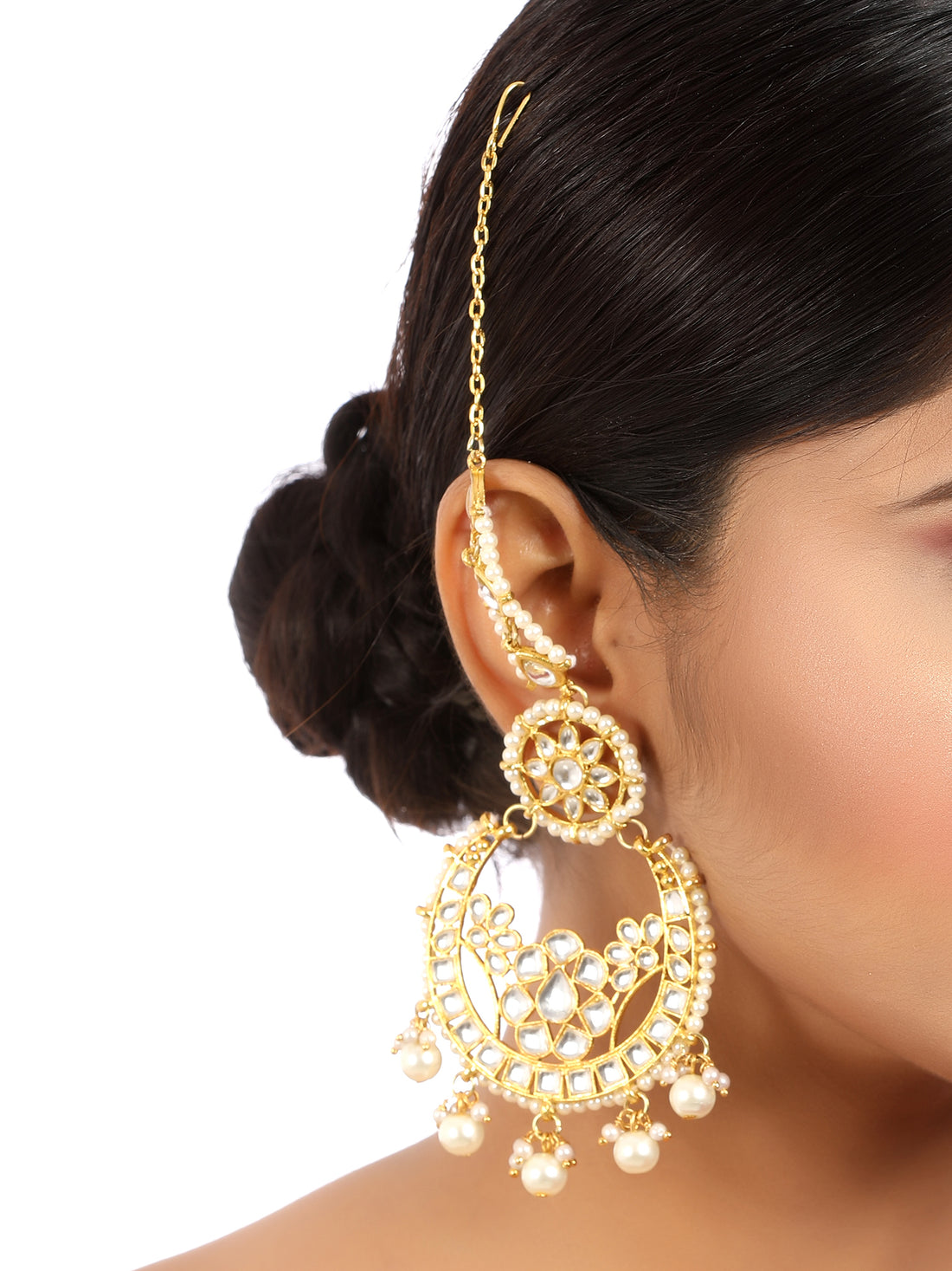 Gold Plated Pearl Beads Kundan Chandbali Earrings