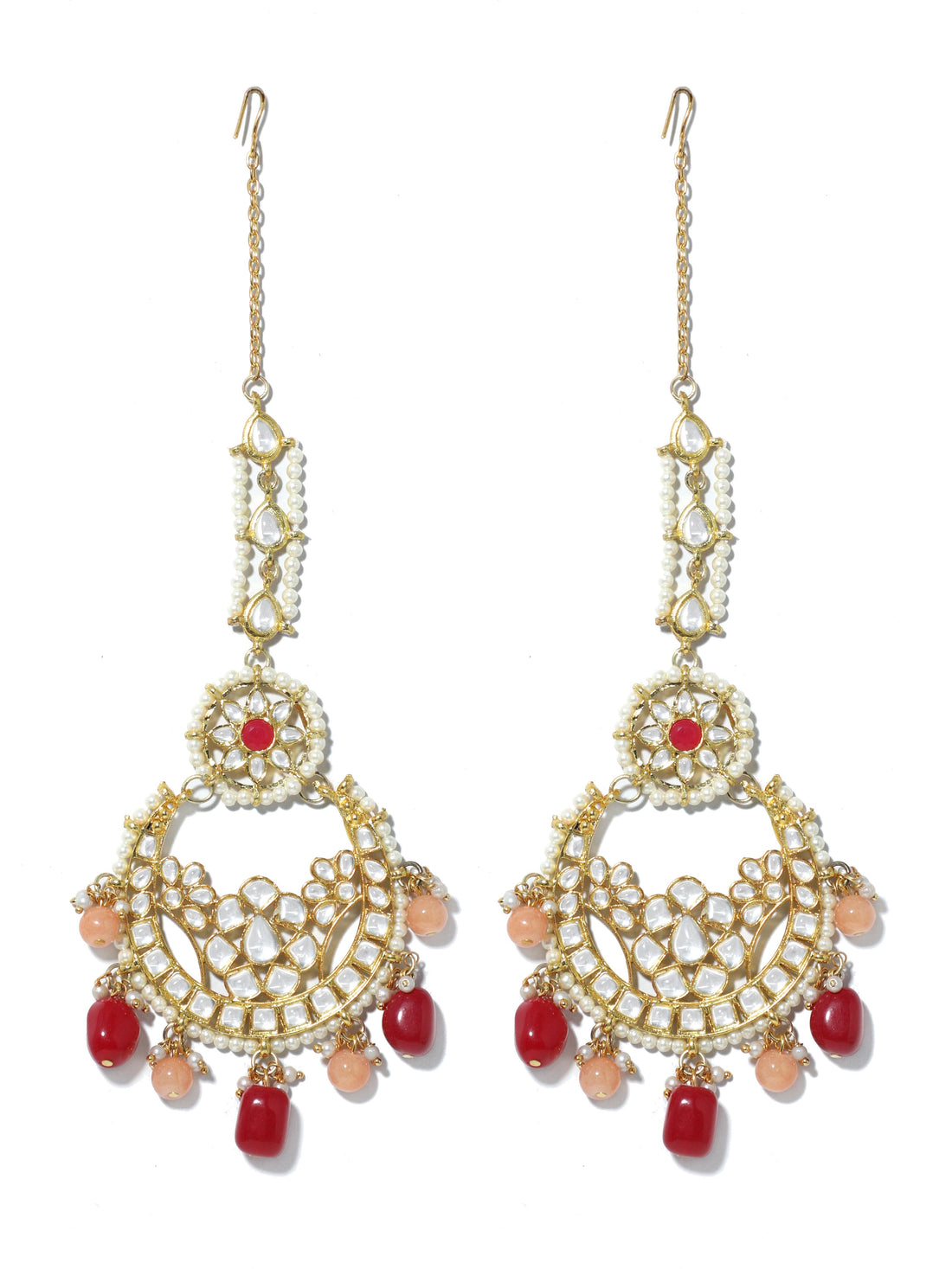 Gold Plated Red and Peach Beads Kundan Chandbali Earrings