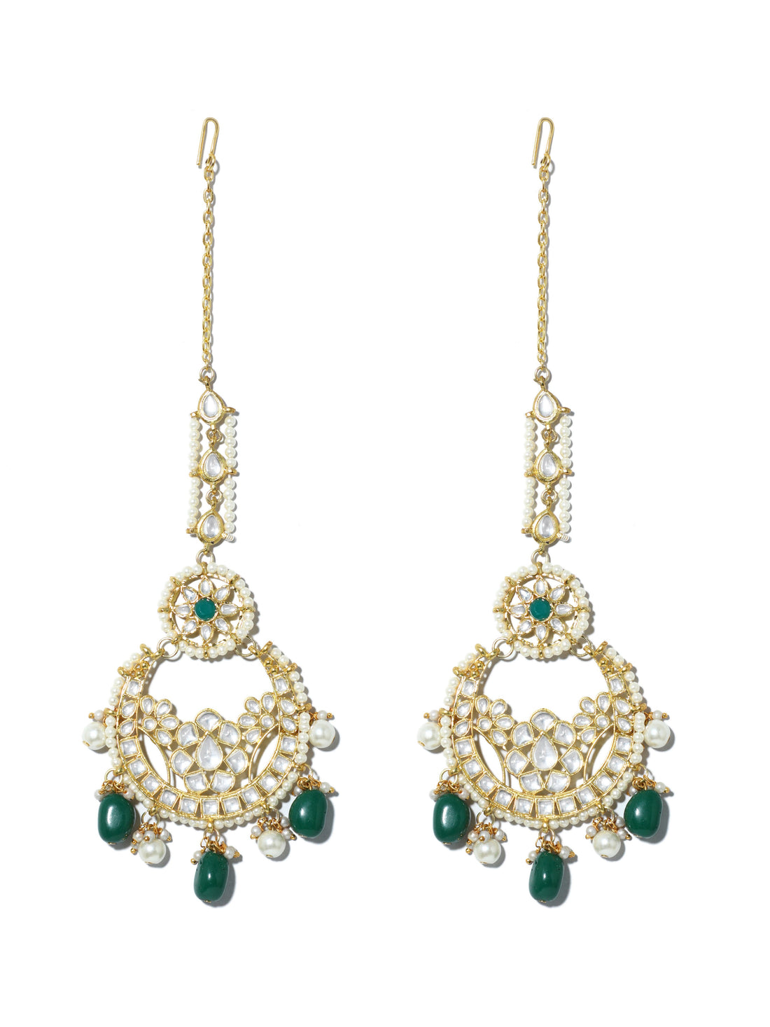 Gold Plated Green and Pearl Beads Kundan Chandbali Earrings