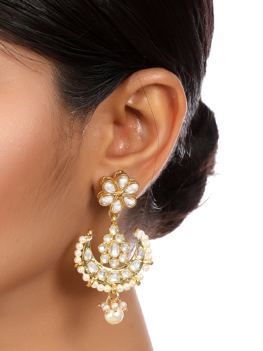 Gold Plated Pearl Bead Kundan Dangler Earrings