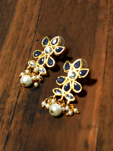 Gold Plated Pearl Bead Navy Blue Kundan Dangler Earrings