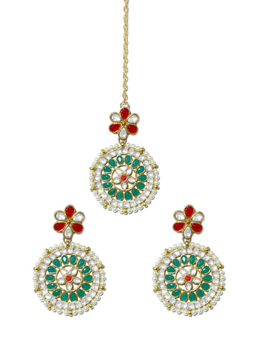 Gold Plated Green and Pearl Beads Kundan Dangler Earrings with Maangtikka