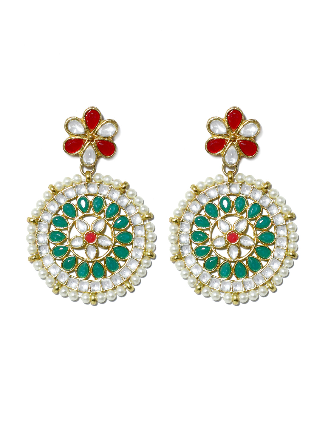 Gold Plated Green and Pearl Beads Kundan Dangler Earrings with Maangtikka