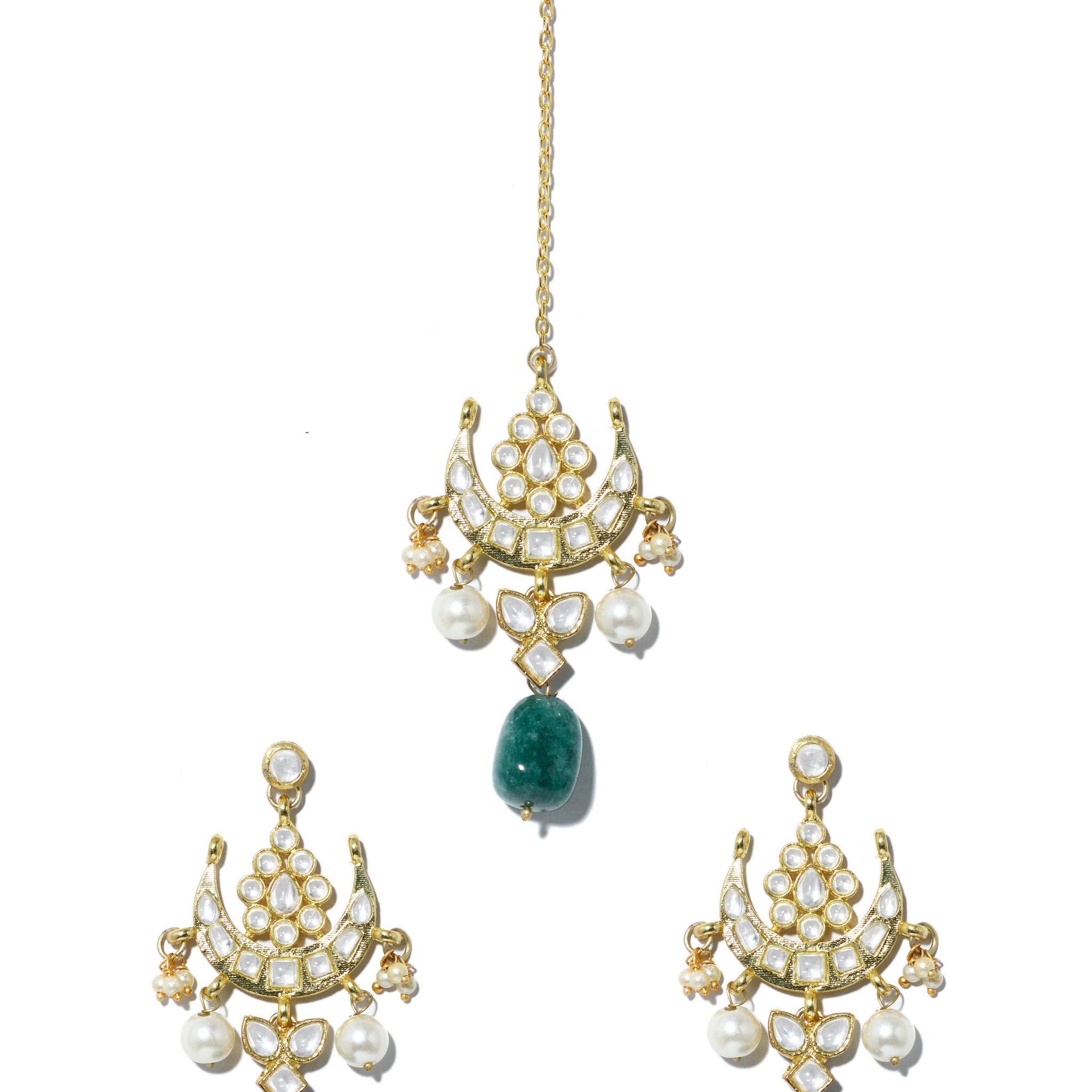 Gold Plated Green Bead Kundan Dangler Earrings with Maangtikka