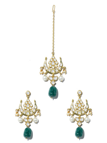 Gold Plated Green Bead Kundan Dangler Earrings with Maangtikka