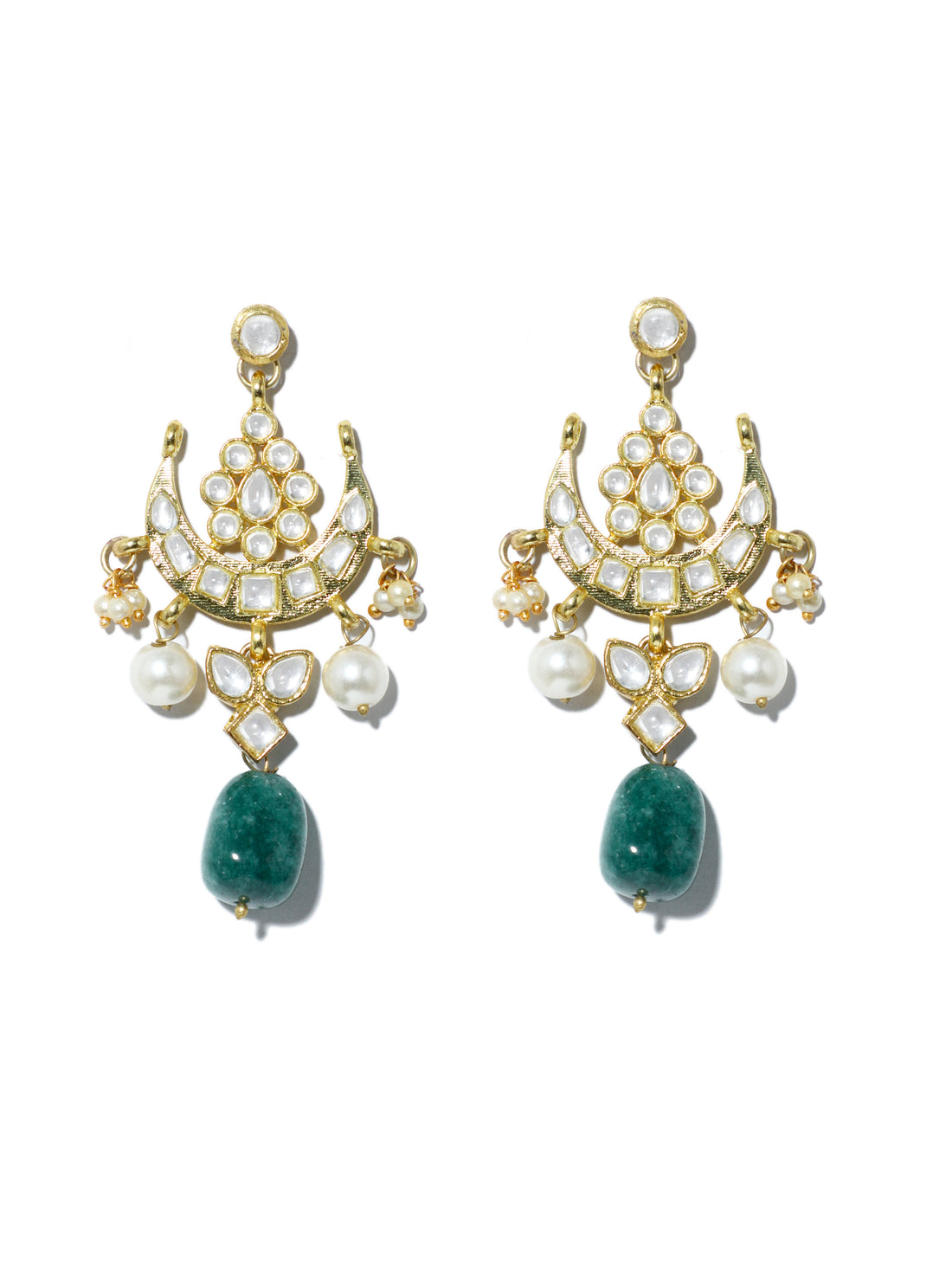 Gold Plated Green Bead Kundan Dangler Earrings with Maangtikka