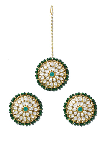 Gold Plated Green Beads Kundan Stud Earrings with Maangtikka