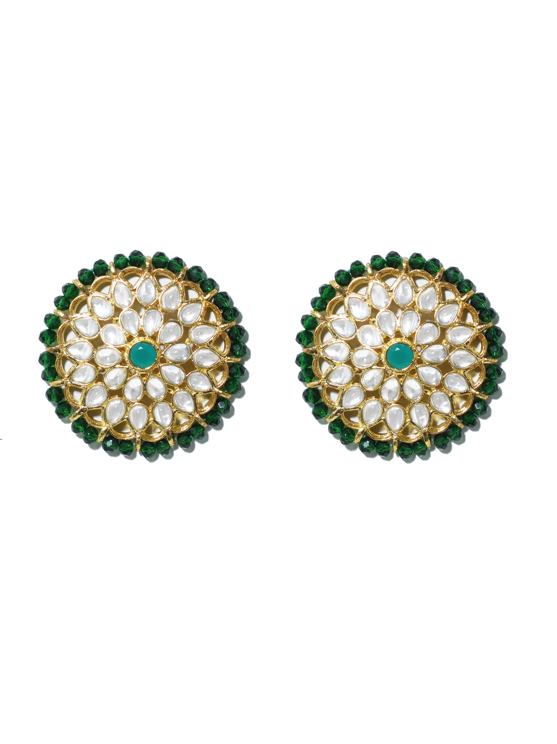 Gold Plated Green Beads Kundan Stud Earrings with Maangtikka