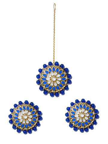 Gold Plated Blue Beads Kundan Stud Earrings with Maangtikka