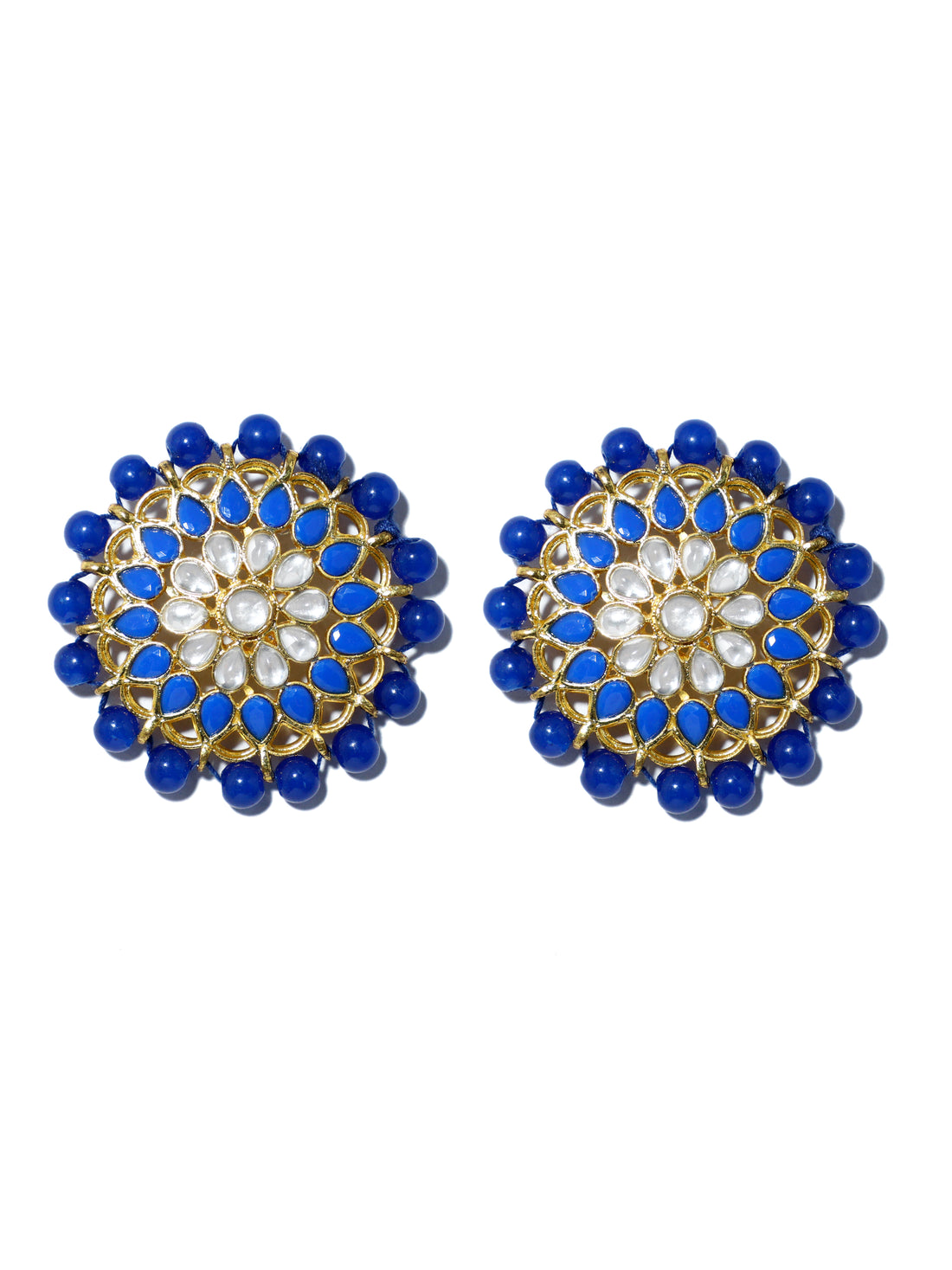 Gold Plated Blue Beads Kundan Stud Earrings with Maangtikka