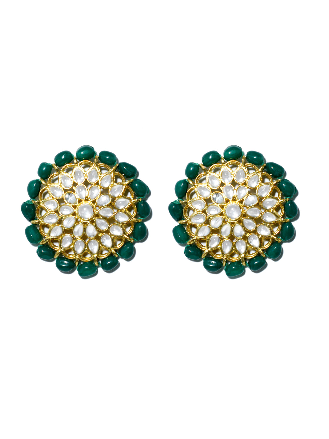 Gold Plated Green Beads Kundan Stud Earrings with Maangtikka