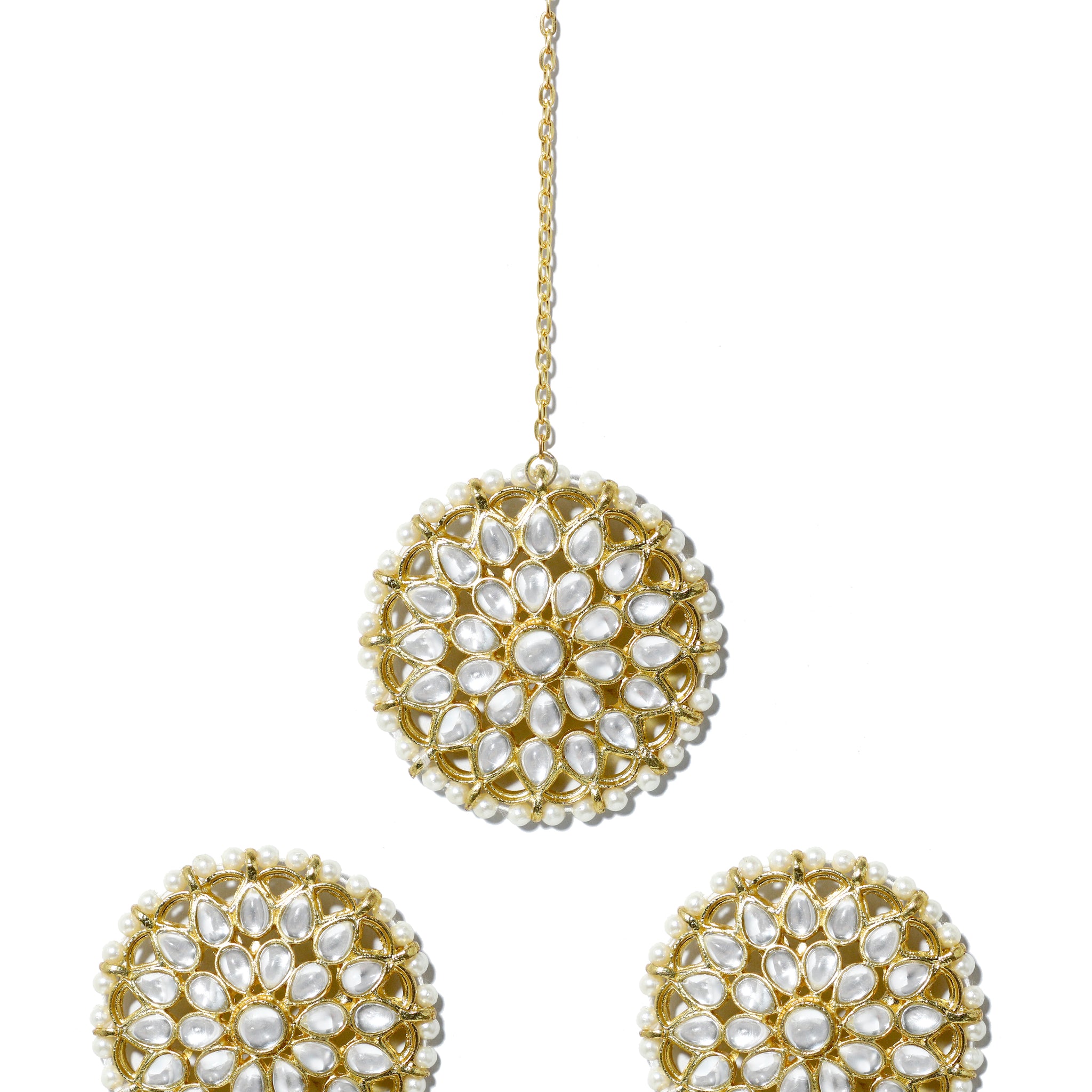 Gold Plated Pearl Beads Kundan Stud Earrings with Maangtikka
