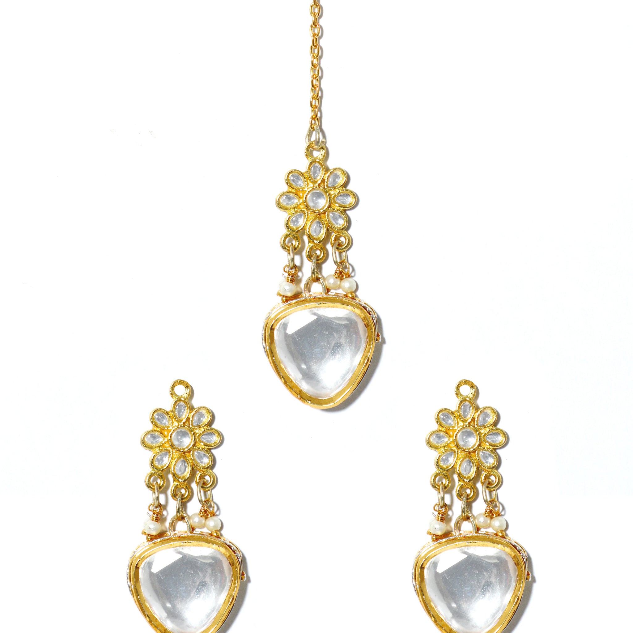 Gold Plated Polki Kundan Earrings Dangler with Maangtikka