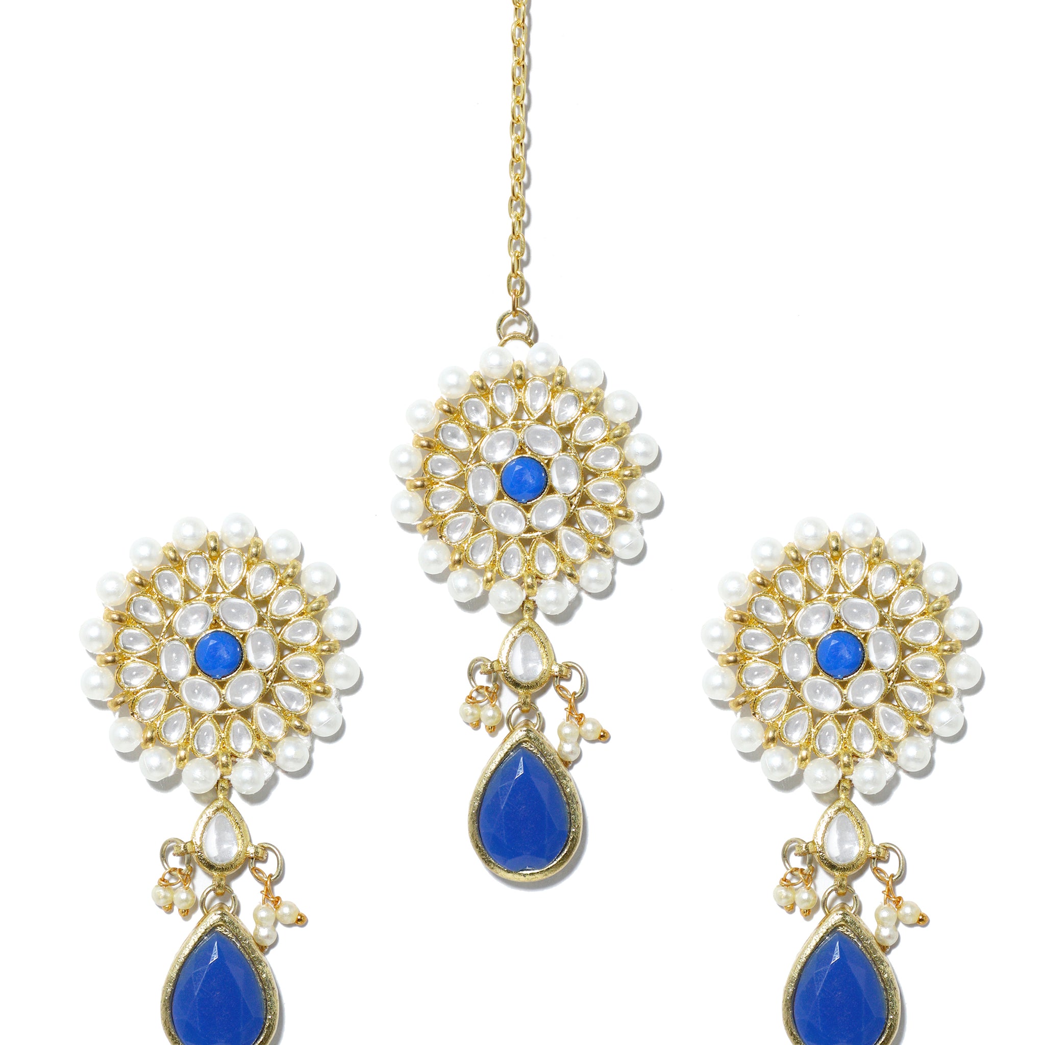 Gold Plated Pearl Beads Kundan Dangler Earrings with Maangtikka