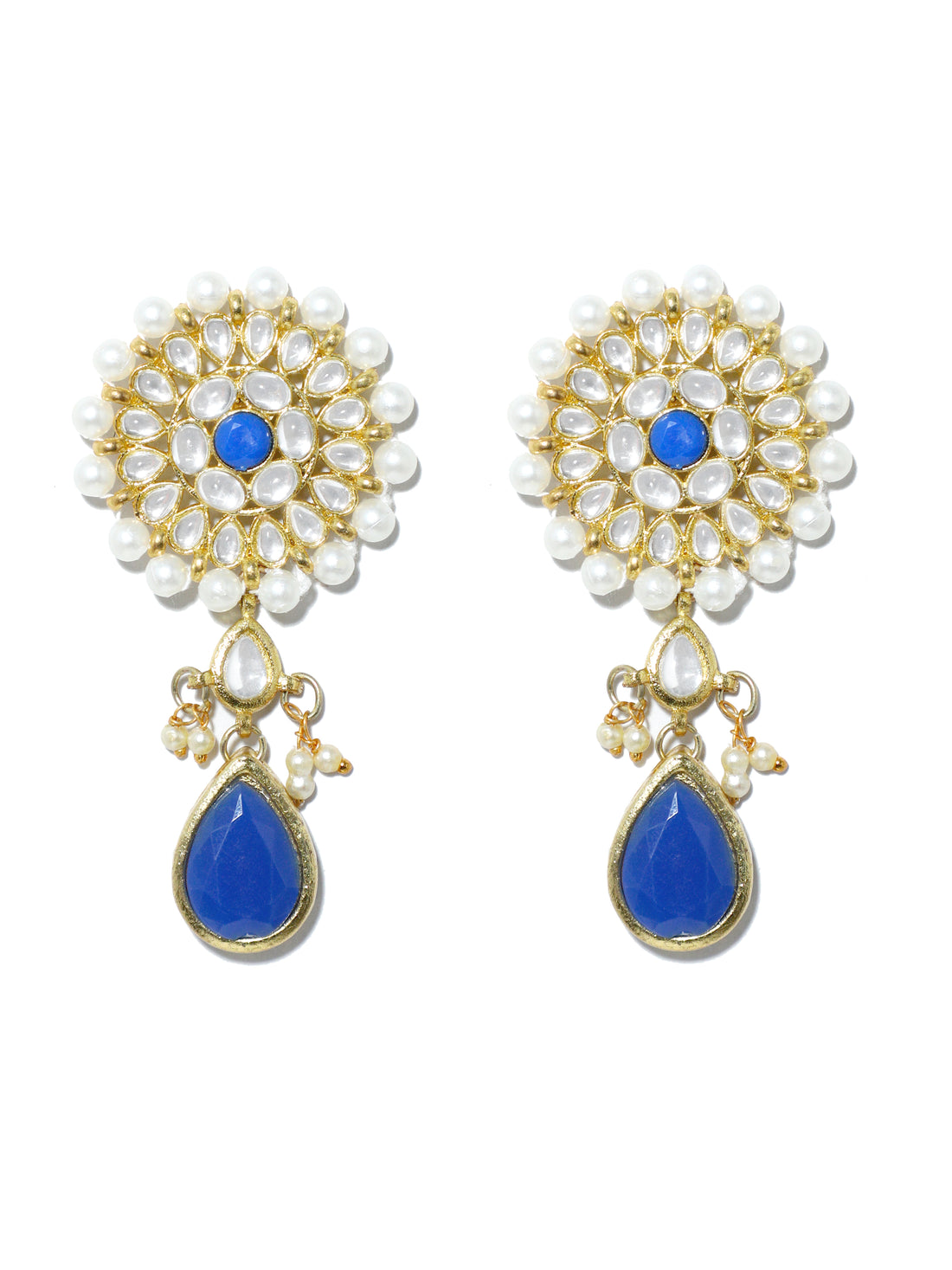 Gold Plated Pearl Beads Kundan Dangler Earrings with Maangtikka