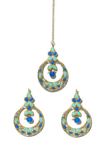 Gold Plated Blue and Mint Green Kundan Chnadbali Earrings with Maangtikka