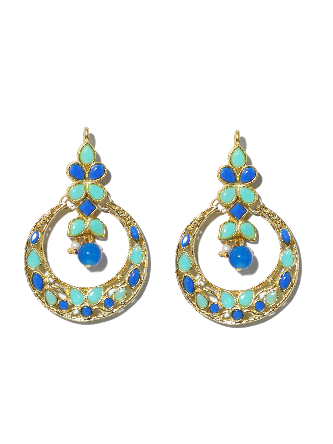 Gold Plated Blue and Mint Green Kundan Chnadbali Earrings with Maangtikka